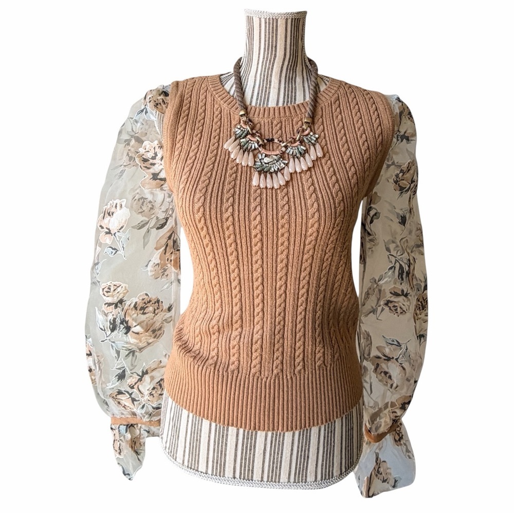 Anthropologie Maeve Floral Contrast Sleeve Cable Knit Sweater Tan - Sz S​